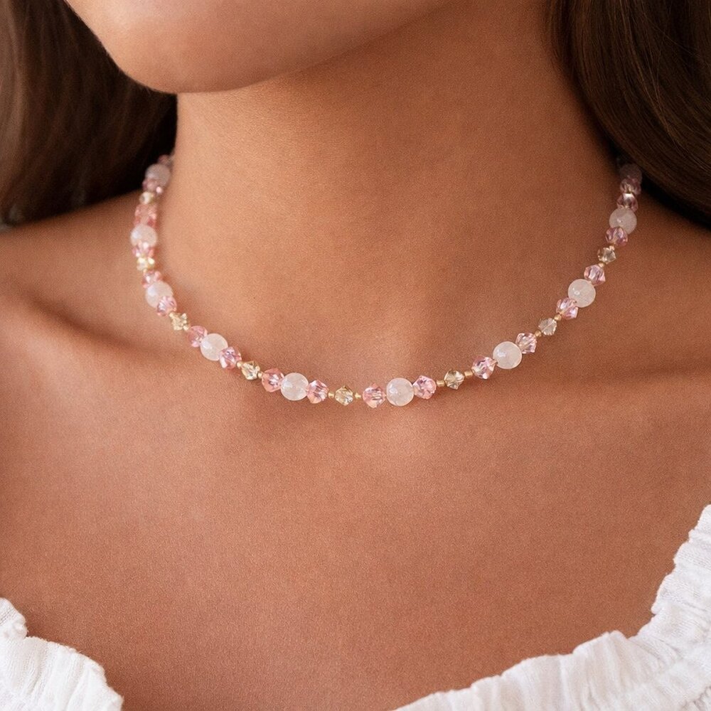 Vintage Y2K Pink Faceted Crystal Silver Beaded Choker Necklace Summer Jewelry
